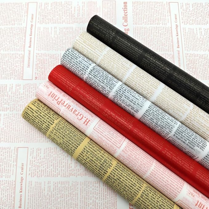 LeZakaa 20 Sheets Newsprint Flower Wrapping Paper, Waterproof Floral Bouquet Paper, Red & Gold Newsprint Design for Valentine's Day, Mother's Day, Birthday Party, Bridal Shower, Wedding, Baby Shower