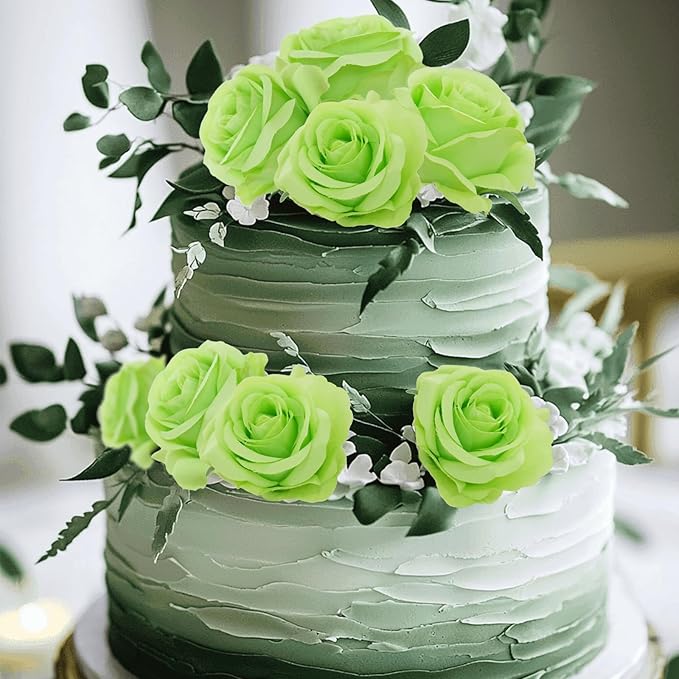 Felice Arts 12 Pack Light Green Artificial Flowers with Stems Silk Roses Fake Flowers Bouquet for Wedding Centerpiece Table Vase Home Kitchen Party DIY Decor