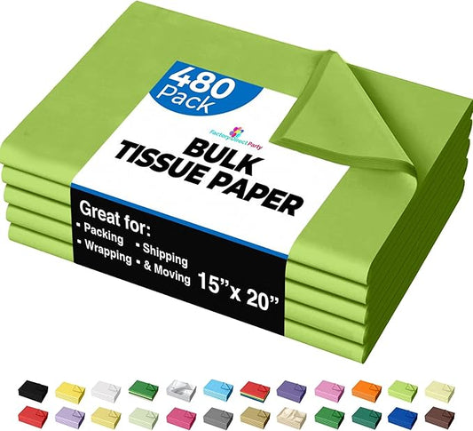 Party Solids Lime Green Tissue Paper for Gift Bags - 15" X 20" Bulk Tissue Paper Lime Green 480 Sheets - 10lb Newsprint for Packing, Birthday Gift Box Filler, Packing Supplies for Moving Supplies