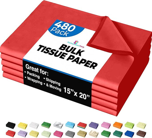 Party Solids Red Tissue Paper for Gift Bags - 15" X 20" Bulk Tissue Paper Red 480 Sheets - 10lb Newsprint for Packing, Birthday Gift Box Filler, Packing Supplies for Moving Supplies