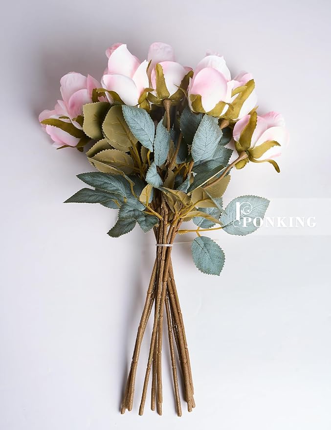 Rose Artificial Flower Buds 12pcs Realistic Faux Silk Roses Fake Flowers Bouquets Arrangements Decor for Wedding Spring Mother's Day, Home Table Decorations, Light Pink Flower
