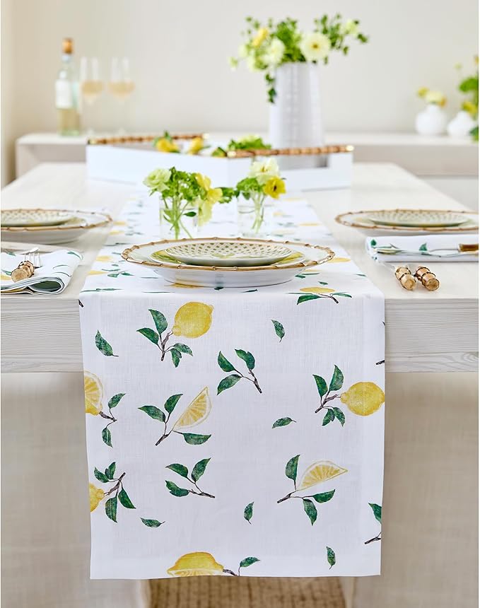 Solino Home Lemon Print Table Runner 90 Inches Long - 100% Pure Linen Table Runner 14 x 90 Inch - Machine Washable - Botanical Lemon/White Print