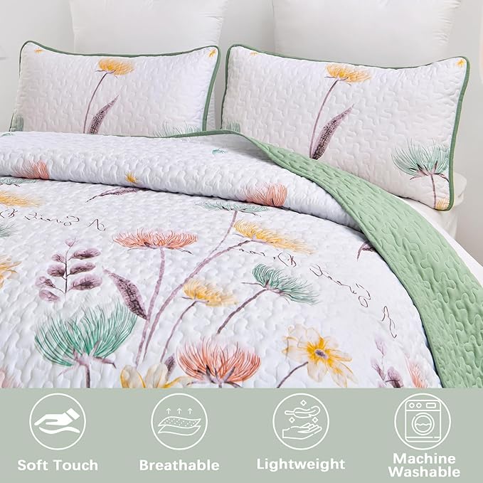 Dinjoy Floral Quilt Set Queen Size,Sage Green Bedspread Botanical 3 Pieces Fall Quilts Microfiber Lightweight Bedspreads White Soft Reversible Bed Cover Sets for All Season(96"x90")