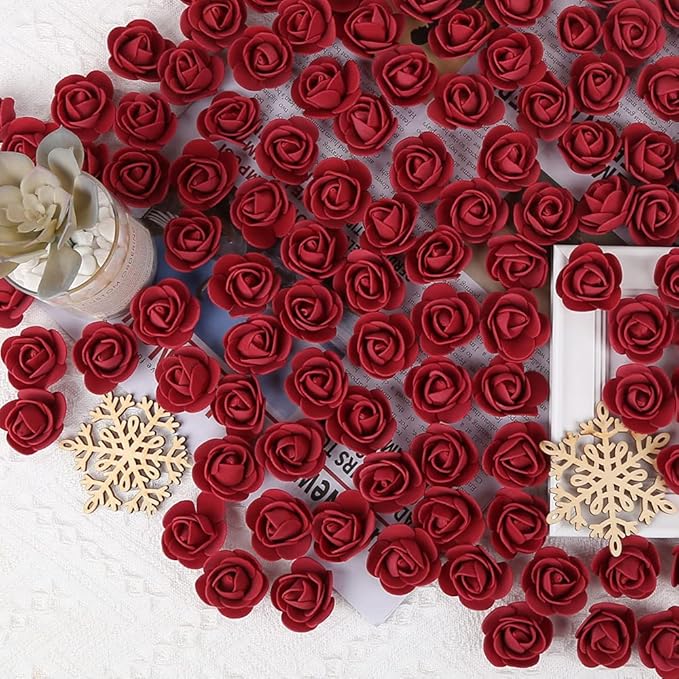 500pcs Burgundy Mini Foam Rose Heads, Artificial Foam Flower Bulk Fake Flower for DIY Crafts Wedding Bouquets Baby Shower Centerpieces Floral Arrangements Party Home Decorations(Burgundy)