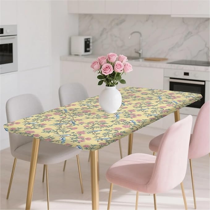 Rectangle Table Cloth Cover Waterproof Elastic Fitted Polyester Fitted Tablecloths for 4 Foot Tables for Indoor,Picnic, Camping, Outdoor （48" x 24"，Bird）