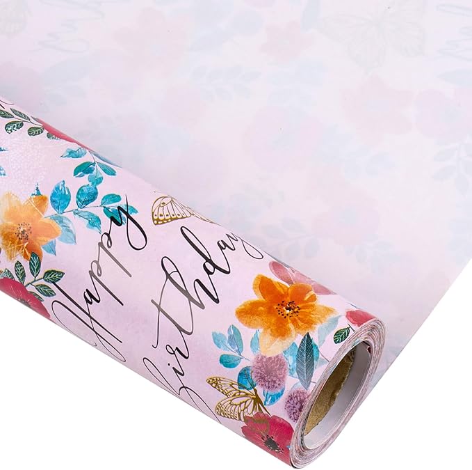 LeZakaa Happy Birthday Wrapping Paper Roll for Girls Women, Pink Floral & Butterfly, Birthday Party Gift Wrap for Girl, Women, Female, Mini Roll, 17 In x 32.8 Ft