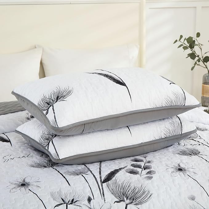 Dinjoy Floral Quilt Set Queen Size,Grey White Bedspread Coverlet Botanical 3 Pieces Fall Quilts Microfiber Lightweight Flower Bedspreads Soft Reversible Farmhouse Bed Cover for All Season(96"x90")