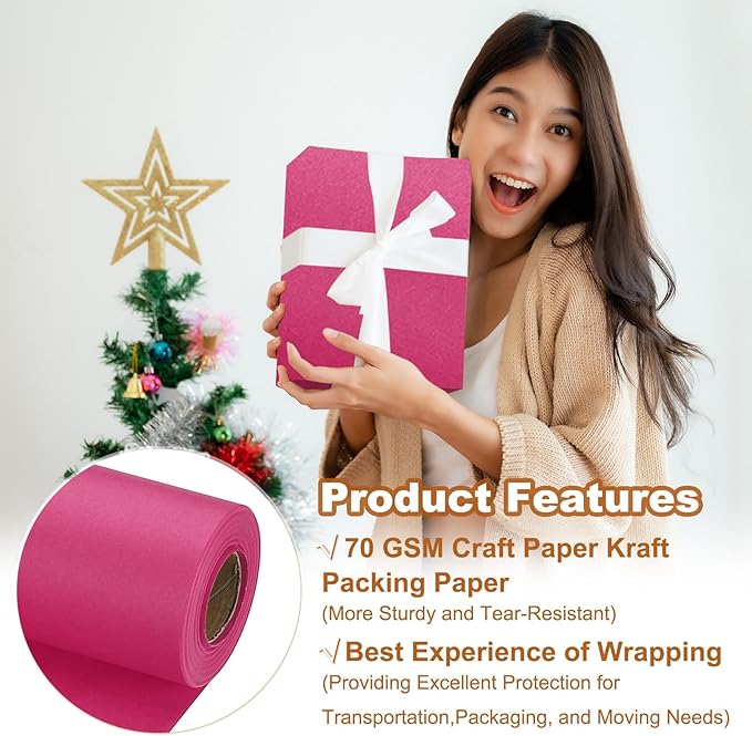 PATIKIL Wrapping Paper, 15" x 600"(49') 70 GSM Craft Paper Roll Kraft Packing Paper for Poster Bulletin Board, Gift Wrapping, Dark Pink