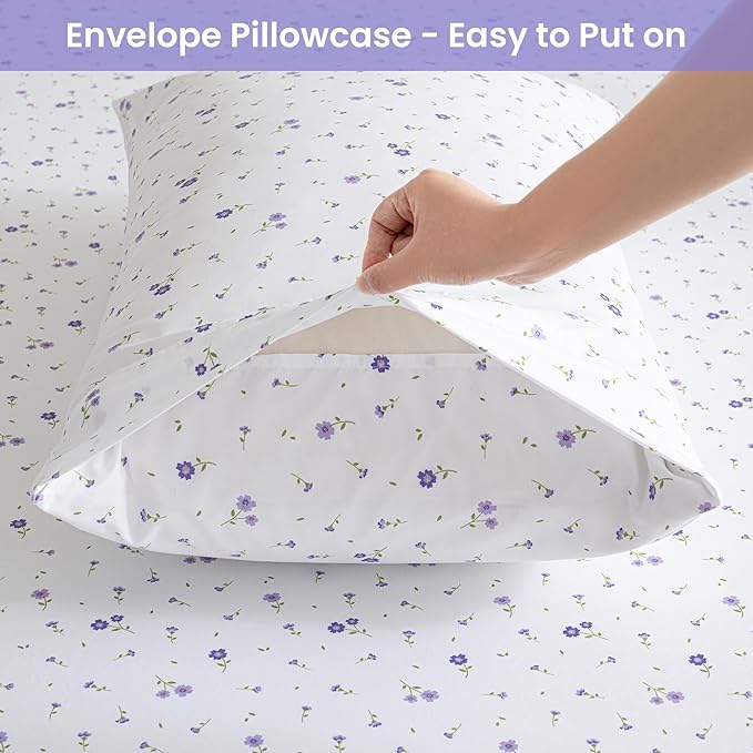 Softan Floral Queen Sheet Set Purple Flower Bed Sheets Printed Queen Size - 4 Piece Microfiber Patterned Fitted Sheets with 15" Deep Pocket, Spring Flower Sheets and Pillowcase Set
