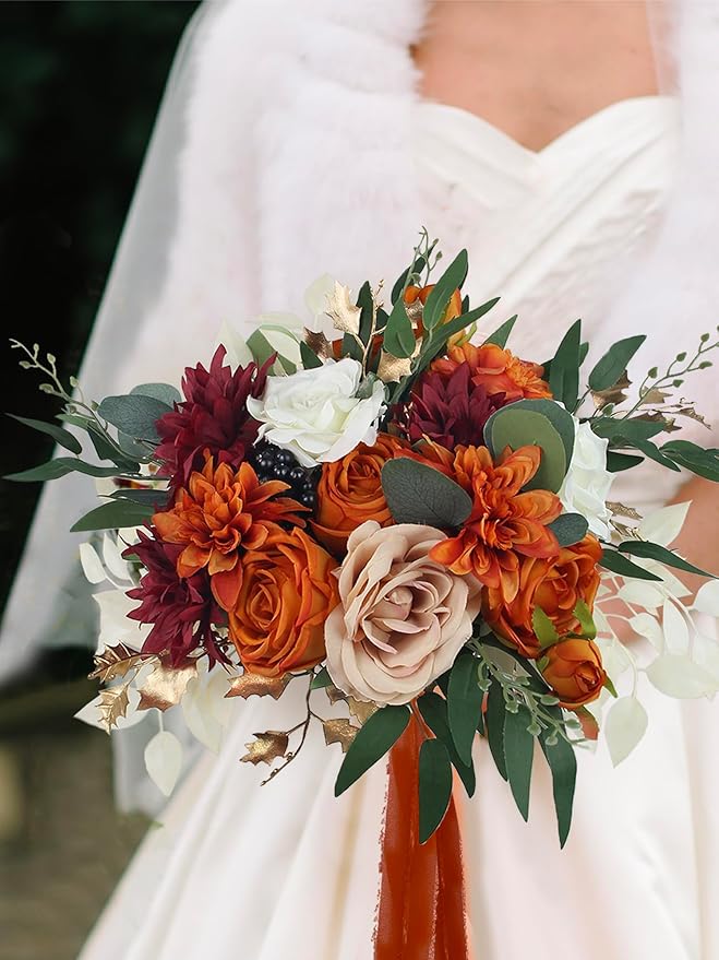 Rinlong 12.5 Inch Fall Wedding Bouquets for Bride Burnt Orange Bridal Bouquet for Wedding Artificial Terracotta Bouquets Boho Silk Flowers for Wedding Ceremony