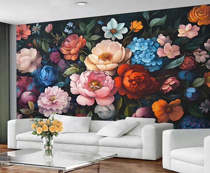 KIREUPA Vintage Peony Floral Wall Mural, Oil Painting Dutch Flower 3d Wall Murals, Romantic Dark Botanical Wallpaper Mural, for Living Room Bedroom Large Wallpaper Indoor Decor 59" W x39.4 H