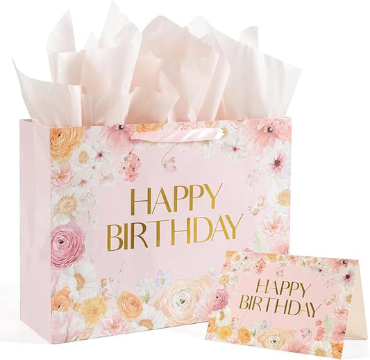 16.5” Extra Large Floral Gift Bag, Floral Design Happy Birthday Bag with Handles, Greeting Card, Tissue Papers for Women Girls Wildflower Birthday Party Baby Shower Supplies Decorations.(16.5in)