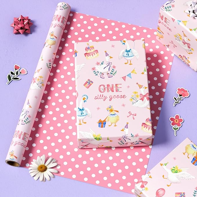 WERNNSAI Silly Goose Wrapping Paper - 1 Roll 17”x 33 ft 1st Birthday Wrapping Paper Pink Birthday Gift Wrap Baby Girls One Year Present Packing Wrap Baby Shower Reversible Design