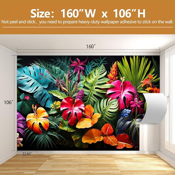 Tropical Botanical Leaf Wallpaper Colorful Jungle Palm Leaves Wall Mural for Living Room Bedroom（Not Peel and Stick）