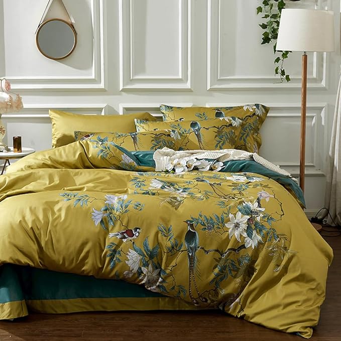 mixinni Bird Duvet Cover Twin XL Garden Floral Duvet Cover Cotton Flowers on Yellow Bedding Set Girls Bedding Comforter Cover for Teen Girls 1 Duvet Cover with 2 Pillowcases-Twin XL Size