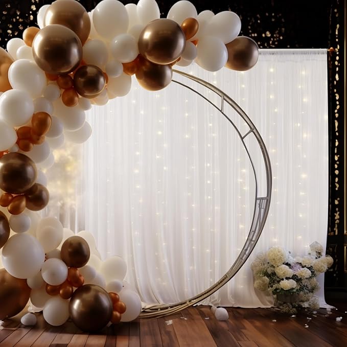 PARTISKY 10x8ft White Tulle Backdrop Curtain with Lights String for Parites, Sheer Backdrop Curtains for Wedding Baby Shower Birthday Party Photo Shoot Decorations
