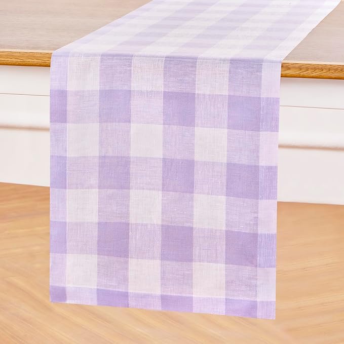 Solino Home Linen Checkered Table Runner 48 Inches - 100% Pure Linen Misty Lavender Buffalo Check Table Runner 14 x 48 Inch Ideal for Dresser and Coffee Tables - Valentines, Spring, Easter