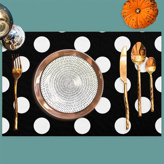 Black White Polka Dot Placemats Set of 6 PVC Vinyl Non Slip Table Mats Waterproof Heat Resistant Place Mats Washable Wipeable Dining Table Mat for Kitchen Party Farmhouse Indoor Outdoor Decorative