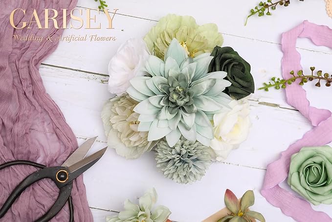 Artificial Flowers Combo, Mix Silk Flowers Roses, Peonies, Dahlias with Stems for DIY Wedding Bridal Bouquet, Baby Shower, Table Centerpieces, Home Decor, Fake Floral Arrangements-Forest Green
