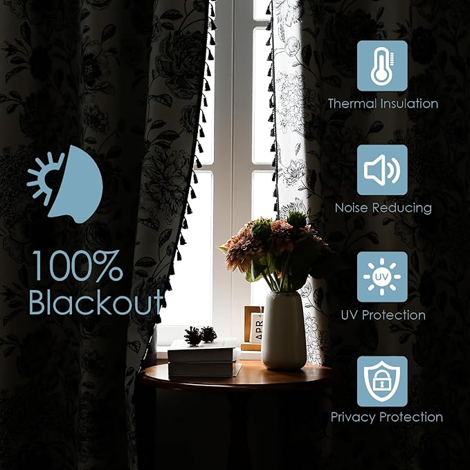 100% Blackout Black Floral Farmhouse Curtains Living Room Thermal Insulated Drapes Elegant Peony Pattern & Tassel Curtains 2 Panels Blocking Curtains for Windows Floral Drapes (52W*96L)