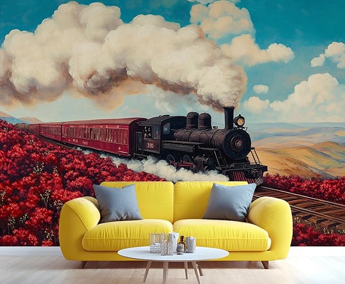 Vintage Train Wall Mural, Steam Engine Landscape 3D Wall Murals, Train Through Flower Field Wallpaper Mural, for Living Room Bedroom Large Wallpaper Indoor Decor 137.8" W x100 H