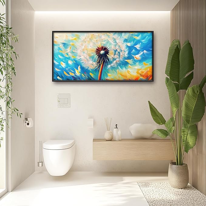 Extra Large Abstract Dandelion Framed Wall Art for Living Room,Oversized Colorful Dandelion Flower Pictures Wall Decor,Blue Canvas Print Painting Modern Artwork Bedroom Office Bathroom 60L x 30W