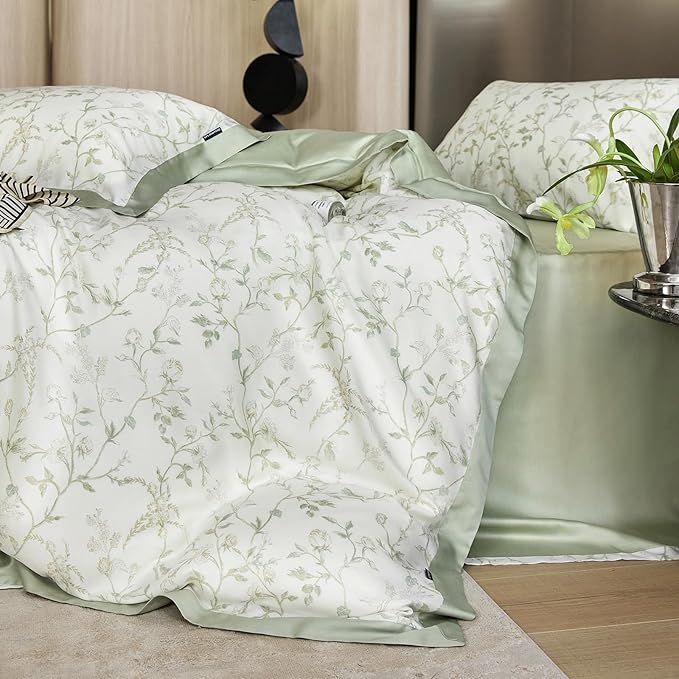 VM VOUGEMARKET Lyocell Duvet Cover Set Queen with Green Floral Pattern,Silk-Like Smooth & Cool Comforter Cover Set with Corner Ties-Queen,Mint Green