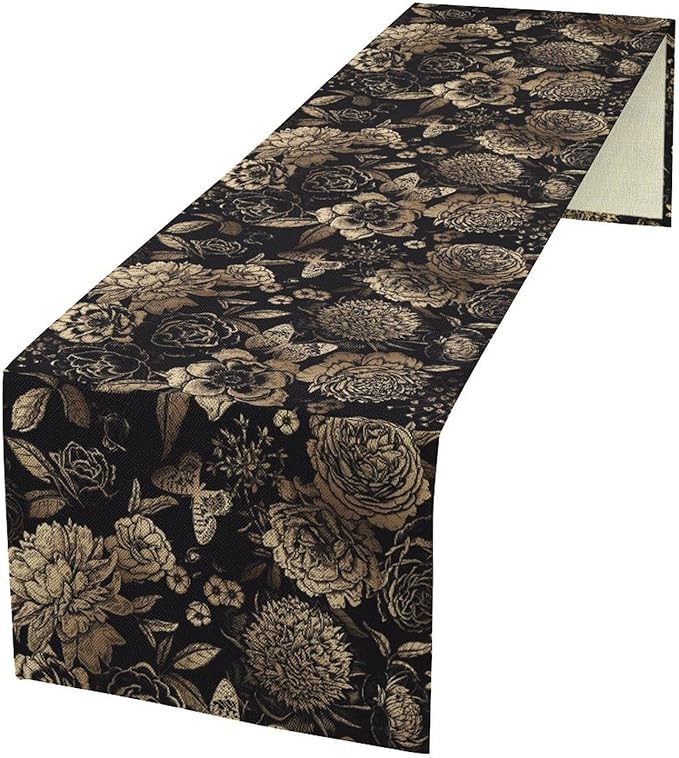 Gold Black Floral Table Runner, Vintage Peony Flower Blossom Butterfly Rustic Plant Leaves Gothic Dark Floral Table Runner for Farmhouse Cottage Kitchen Dining Table Decor, 13x90inch