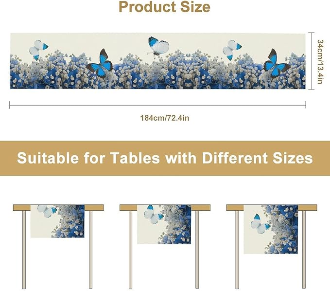 Butterfly Floral Table Runner, Blue White Hydrangea Flowers Bloom Spring Garden Theme Table Runner for Kitchen Dining Holiday Party Wedding, 13x120 Inch