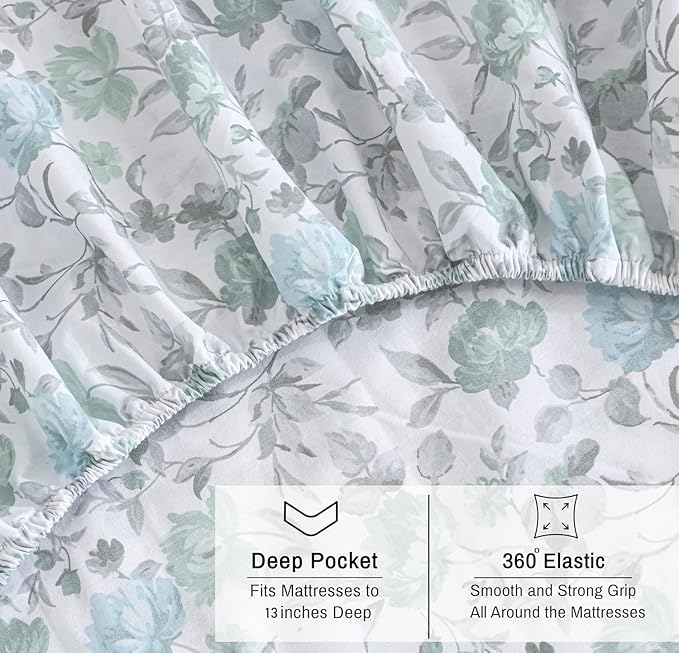 RUVANTI 100% Organic Cotton Sheets California King, Percale Weave, GOTS Certified, 4-Piece Set, Deep Pocket 13", Crisp & Breathable, Soft Durable Bedding, Sábanas Algodón Orgánico – Cold Chrysanthemum