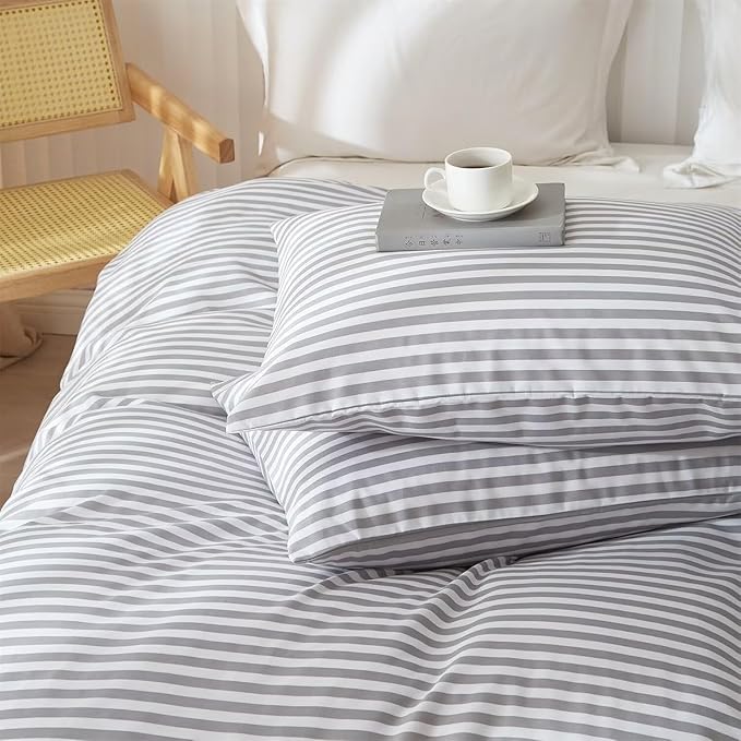 LifeTB Grey Striped Comforter Set Full Modern Style Stripes Pattern Comforter for Men Boy Teen Geometric Grey White Stripe Printed Boho Bedding Comforter for All Season Fluffy Soft Full Comforter Set