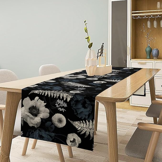 Vintage Floral Table Runner,Gothic Blue White Retro Floral Plant Print Table Runner for Home Kitchen Table Dining Indoor Outdoor Party Decor 13x90 Inch