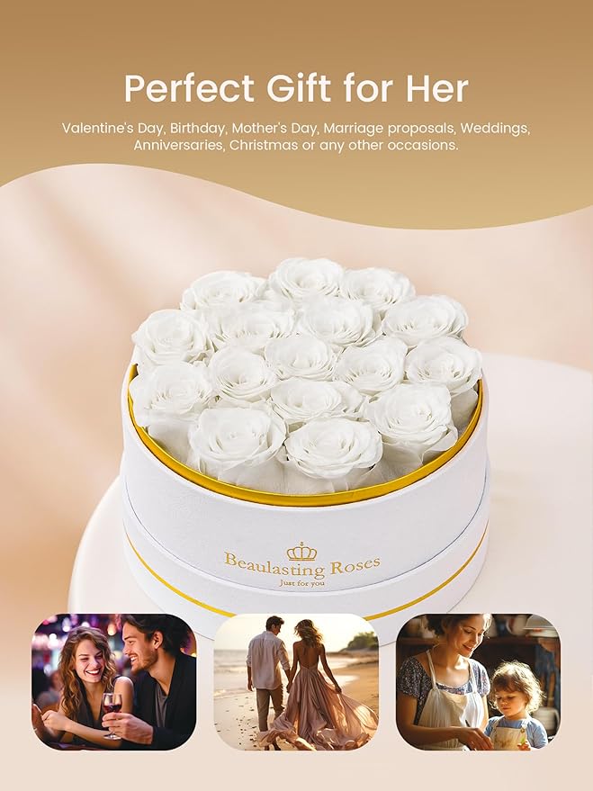 Preserved Roses Forever Flowers Real Roses in a Box Mother's Day Birthday Flowers for Her Mom Women Wife Valentine's Day, 16 White Roses