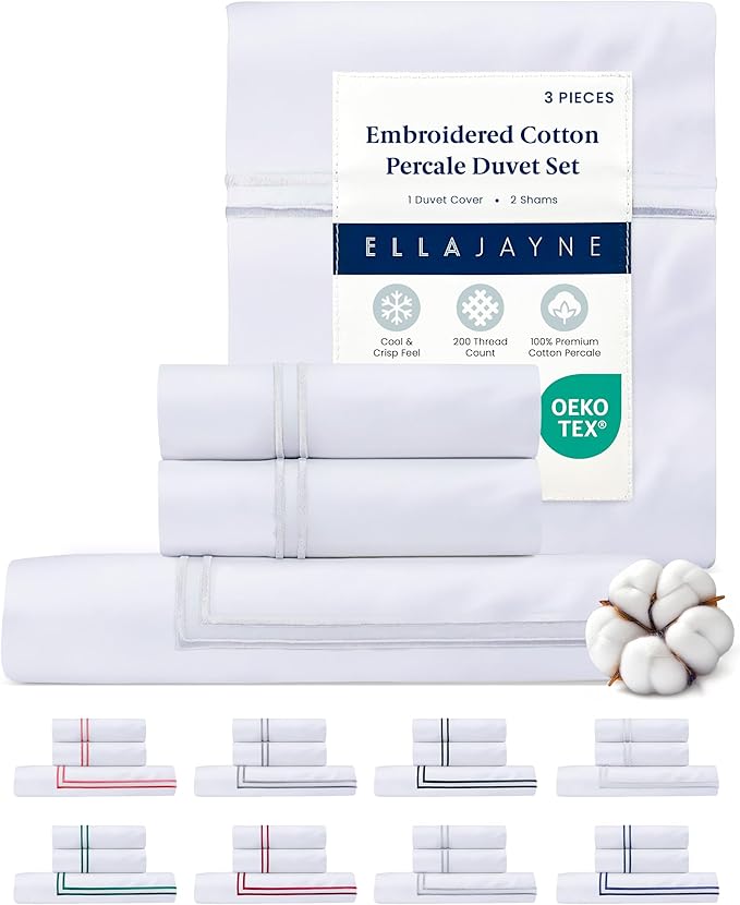 Ella Jayne California King Duvet Cover (3 Pieces), 100% Cotton Percale, King/Cali King, Breathable & Lightweight Cal King Duvet Cover (1 Piece) 106 x 90 Inches with 2 Pillow Shams (White Design)