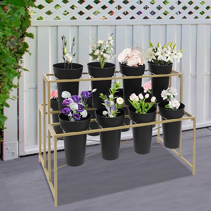 Flower Display Stand with 12 Pcs Buckets 3 Layers Metal Plant Stand Plant Cart Shelf Flower Bucket Rack Stand for Indoor Florist Garden Patio (Gold Stand-Black Round Buckets)