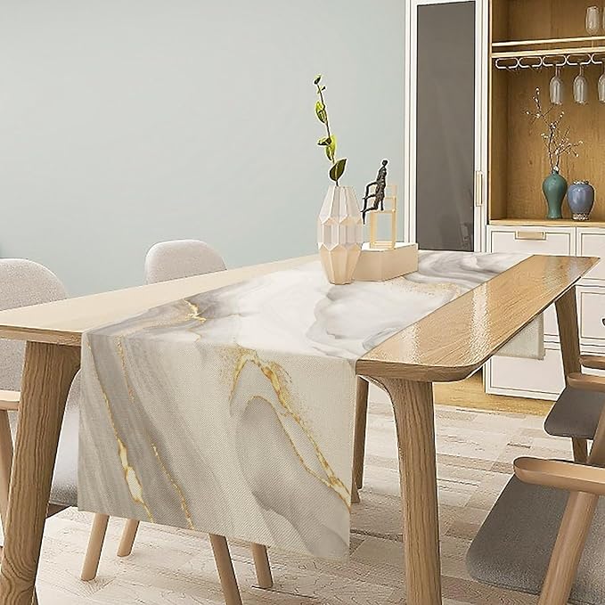 White Grey Marble Table Runner Abstract Modern Luxury Ink Texture Gold Veins Dinner Runner Table Decoration for Home Kitchen Dining Holiday Party 13x36in