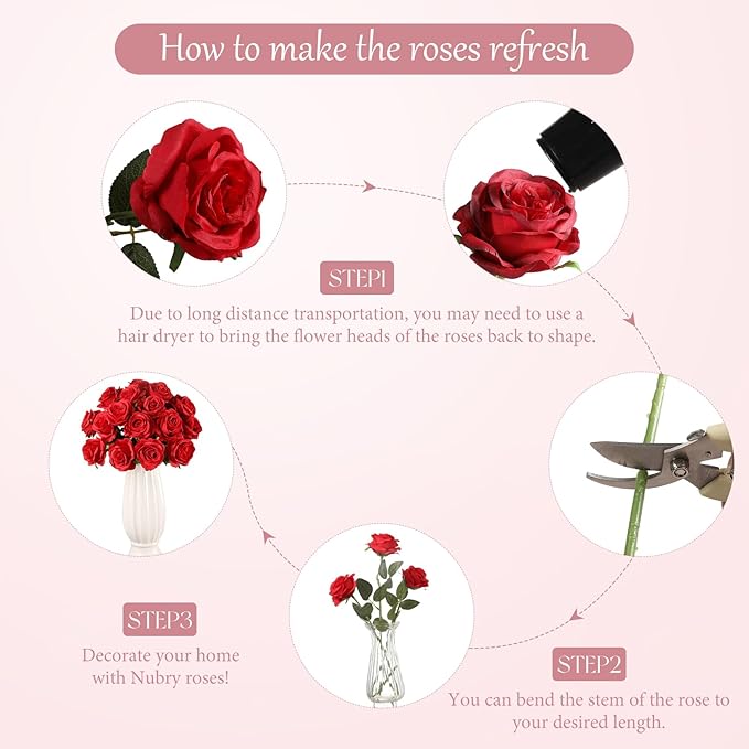 Nubry 24pcs Artificial Silk Roses Bulk,Fake Roses Flower with Stems Realistic Flowers for Wedding Centerpiece Home Party Decor(Red)