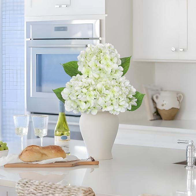Oairse 3Pcs White Hydrangea Artificial Flowers 19.7 in Real Touch Faux Hydrangea Stems Silk Flowers with Stems White Fake Flowers Bouquet for Floral Arrangements Table Centerpieces Wedding Home Decor