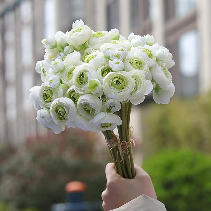 24 Pcs Ranunculus Artificial Flowers 10.5", Mini Faux Silk Ranunculus with Stem, Fake Flowers for Home Decor Indoor Wedding Bouquets Centerpieces (White and Green)