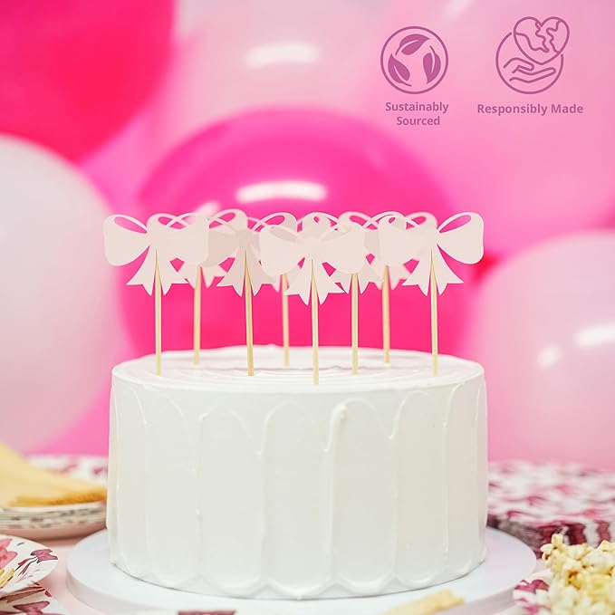Pink Happy Birthday Decorations, Bow Coquette Birthday Decorations Includes Bow Plates, Napkins, Forks, Cupcake Toppers, Banner Balloons, and Pump Pink Decorations for Party, Serves 20