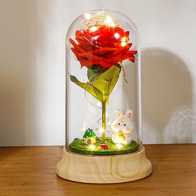 Levvohd Red Roses from Daughter for Mom Mothers Day, Beauty and The Beast Rose, with LED Light Up Plastic Rose in Dome, for Wife Grandma Christmas Day Valentine Day Birthday for Her Gift (Rabbit)