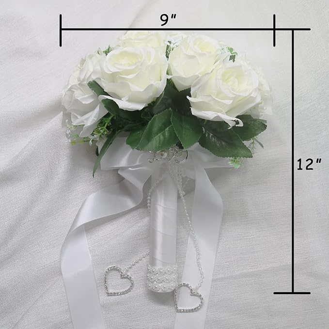 Wedding Bouquets for Bride, White Bridal Bridesmaid Wedding Flowers with Silk Ribbon and Rhinestones, Artificial Toss Rose for Civil Ceremony