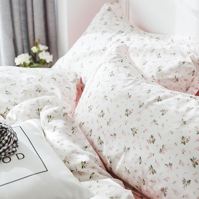 VM VOUGEMARKET Garden Flower Comforter Set Queen 3 Pcs White Pink Floral Bedding Set with 2 Pillowcases Aesthetic Comforter Set for Girls Women 90"x90"