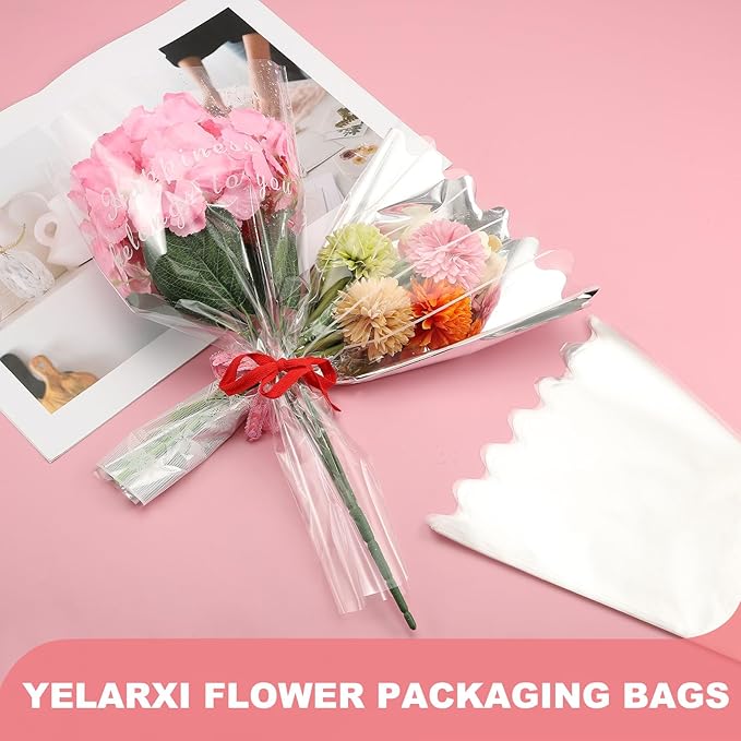 YELARXI Clear Flower Wrapping Bags, Transparent Flower Packaging Bag Waterproof Durable Bouquet Sleeves - Fitting for (Florists/Floral Arrangements Supplies), 16.9x3.9x19.7 Inch & 100Pcs