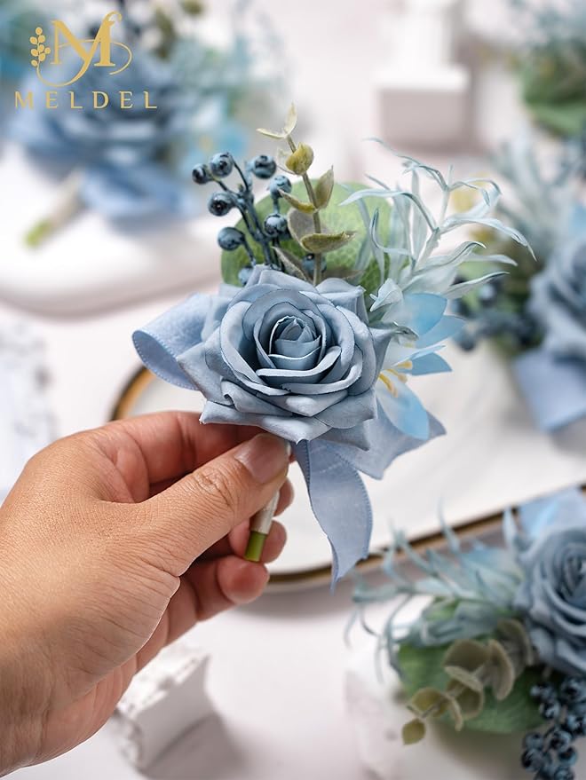 Meldel Dusty Blue Corsage and Boutonniere Set, Rose Boutonniere for Men, Prom Flower Wrist Corsage Bracelets, Homecoming Corsages Wristlet, Men Boutonnieres for Wedding Flowers Accessories Prom Suit