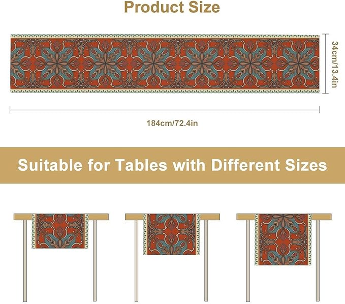 Boho Floral Table Runner, Burnt Orange Blue Traditional Ethnic Flower Vintage Farmhouse Table Runner for Kitchen Dining Wedding Party Decor, 13x70 Inch
