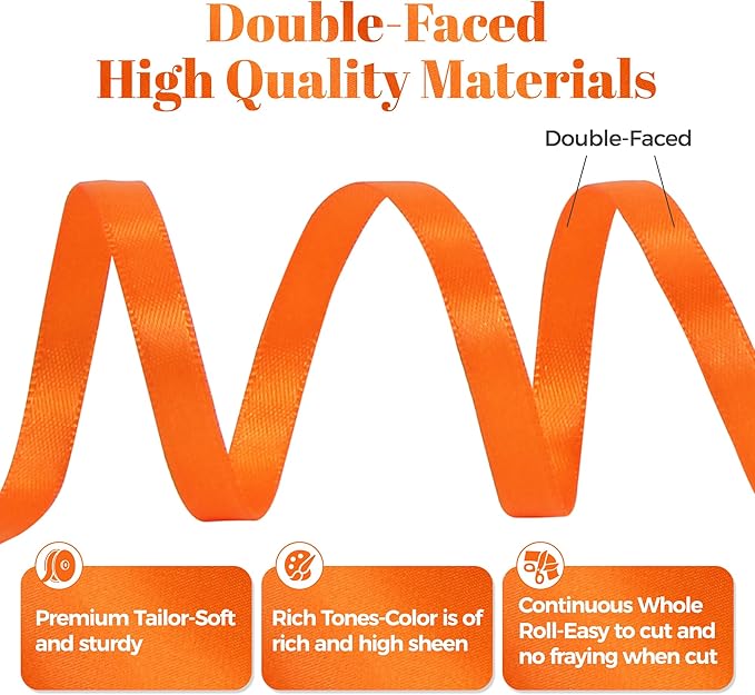 Premium Double Faced Satin Orange Ribbon, 1/4 Inch X 25 Yards, Perfect for Gift Wrapping, Crafts, Wedding Decor