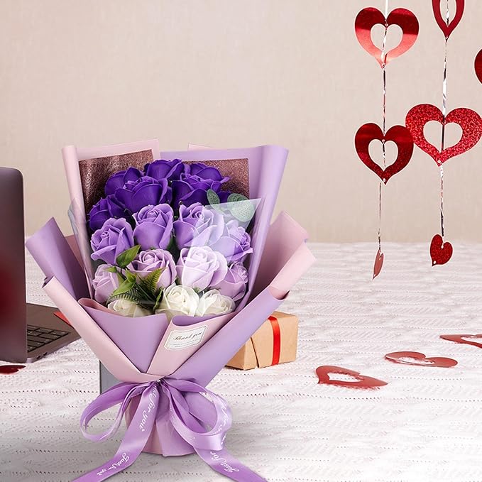 Roses Bouquet Artificial Flower - Preserved Red Rose Flowers with Love Necklace for Her Unique Gift for Birthday, Valentine's Day, Mother's Day, Thanksgiving, Christmas, Anniversary (Purple and White)