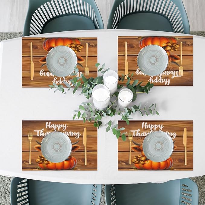 Thanksgiving Pumpkin Highland Cow Placemats Set of 4 PVC Vinyl Non Slip Table Mats Heat Resistant Place Mats Washable Wipeable Dining Table Mat for Kitchen Decor Party Indoor Outdoor Decorative Gift