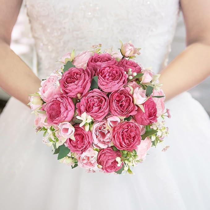 Mkono Peonies Artificial Flowers, Small Silk Flowers for Home Decor Indoor Fake Bouquet Faux Floral Arrangements Dining Table Centerpieces for Kitchen Bridal Wedding Party Decor Mixed Pink